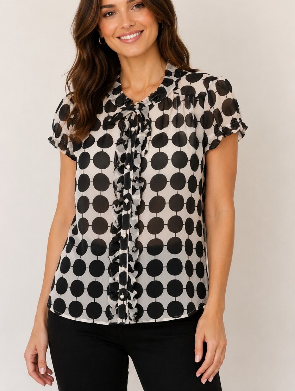 BOB MACKIE STUDIO Black & White Polka Dot Ruffled Button-Up Sheer Babydoll Top